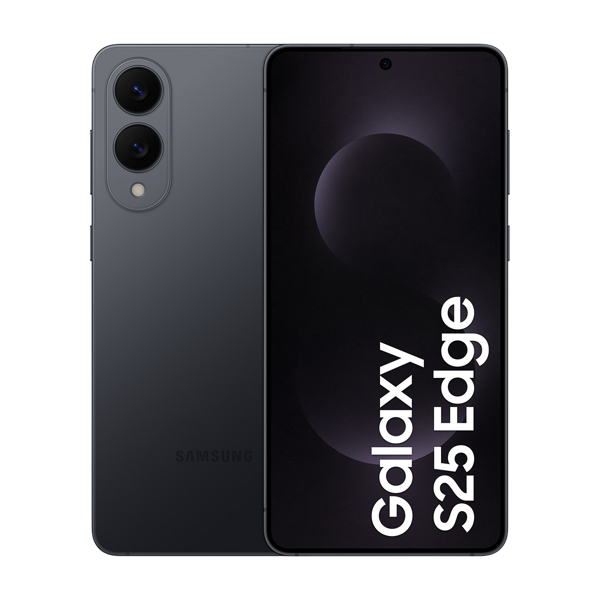 Galaxy S25 Edge yazılı koyu gri telefon, siyah zemin, telefon solda.