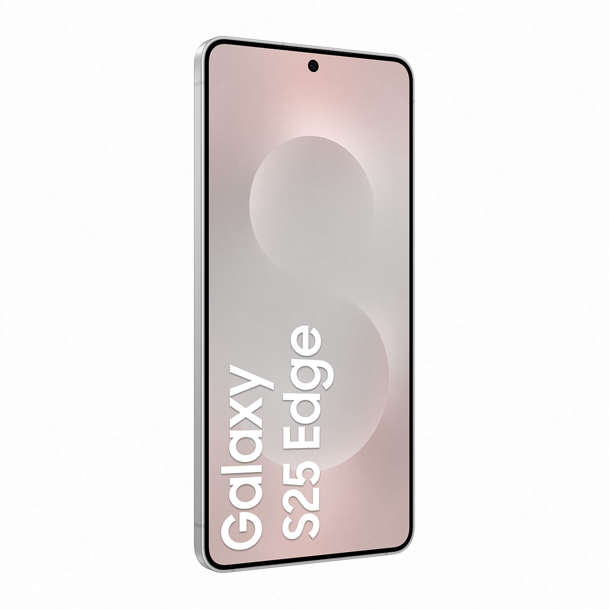 Ekranında Galaxy S25 Edge yazan gümüş renkli telefon. Beyaz zemin.