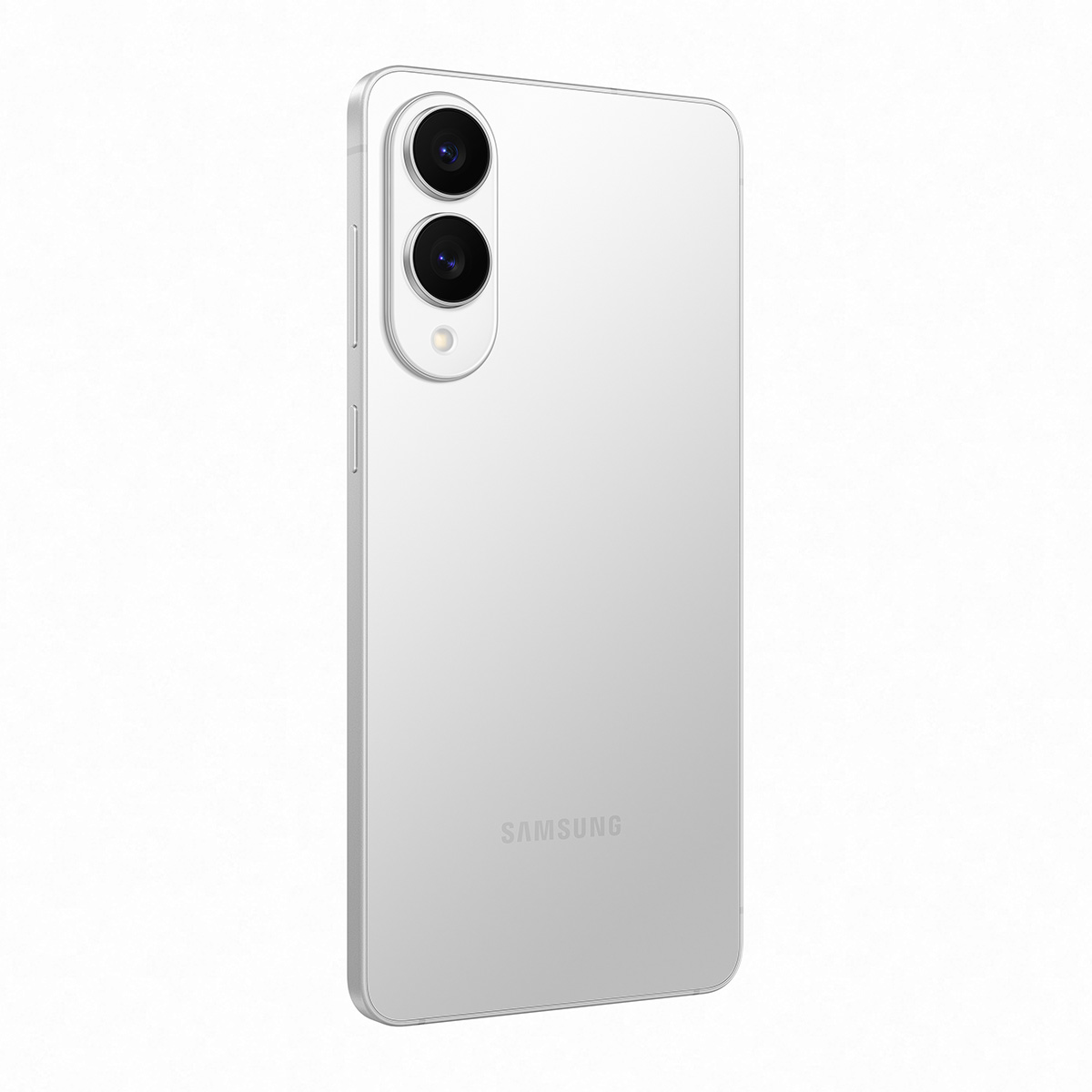 Gümüş renkli bir telefonun arka görünümü. İki kamera ve Samsung logosu görünür.