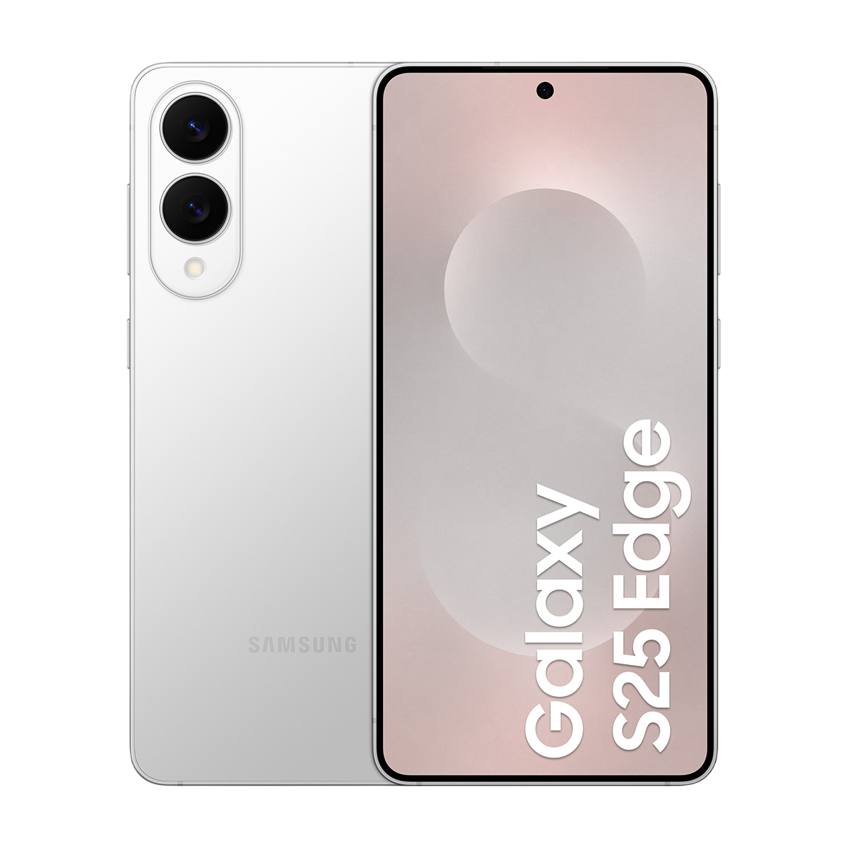 Beyaz Samsung telefon, açık. Ekran "Galaxy S25 Edge" gösteriyor. Arkada çift kamera. Siyah arka plan.