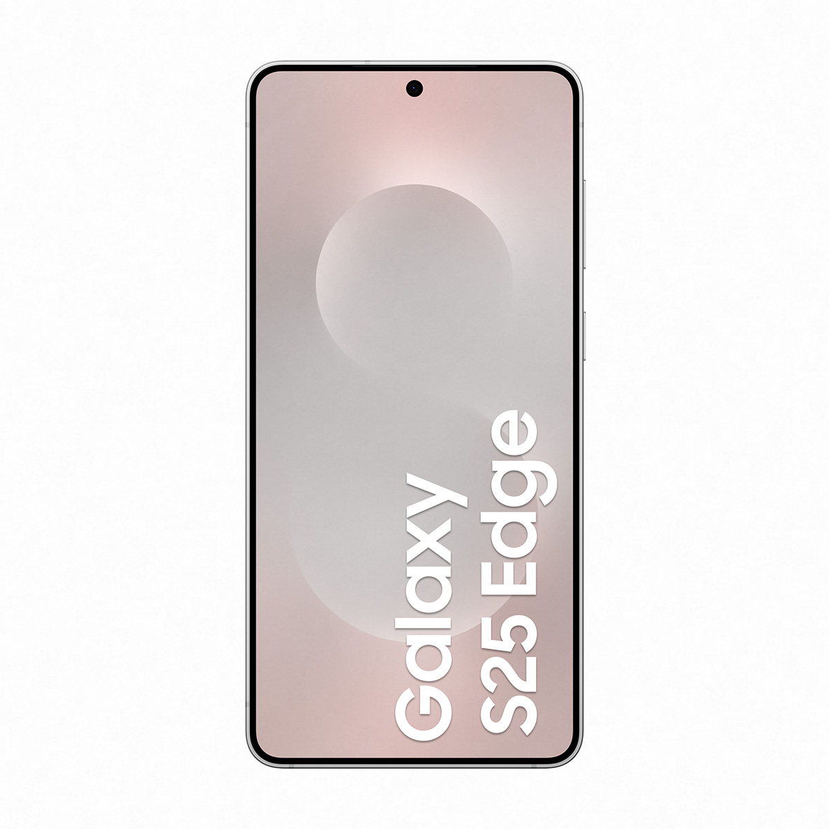 Gümüş Galaxy S25 Edge telefonunun önden görünümü. Ekran, telefonun adıyla birlikte açık pembe bir tasarım gösteriyor.