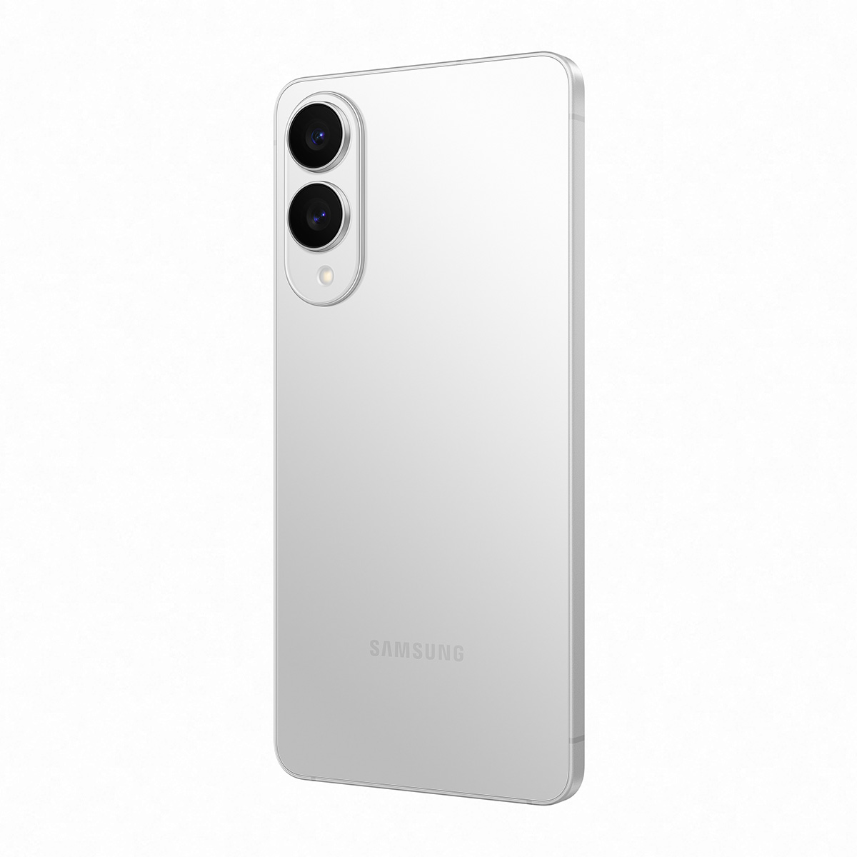 Beyaz bir telefonun arka görünümü. İki kamerası ve Samsung logosu var.