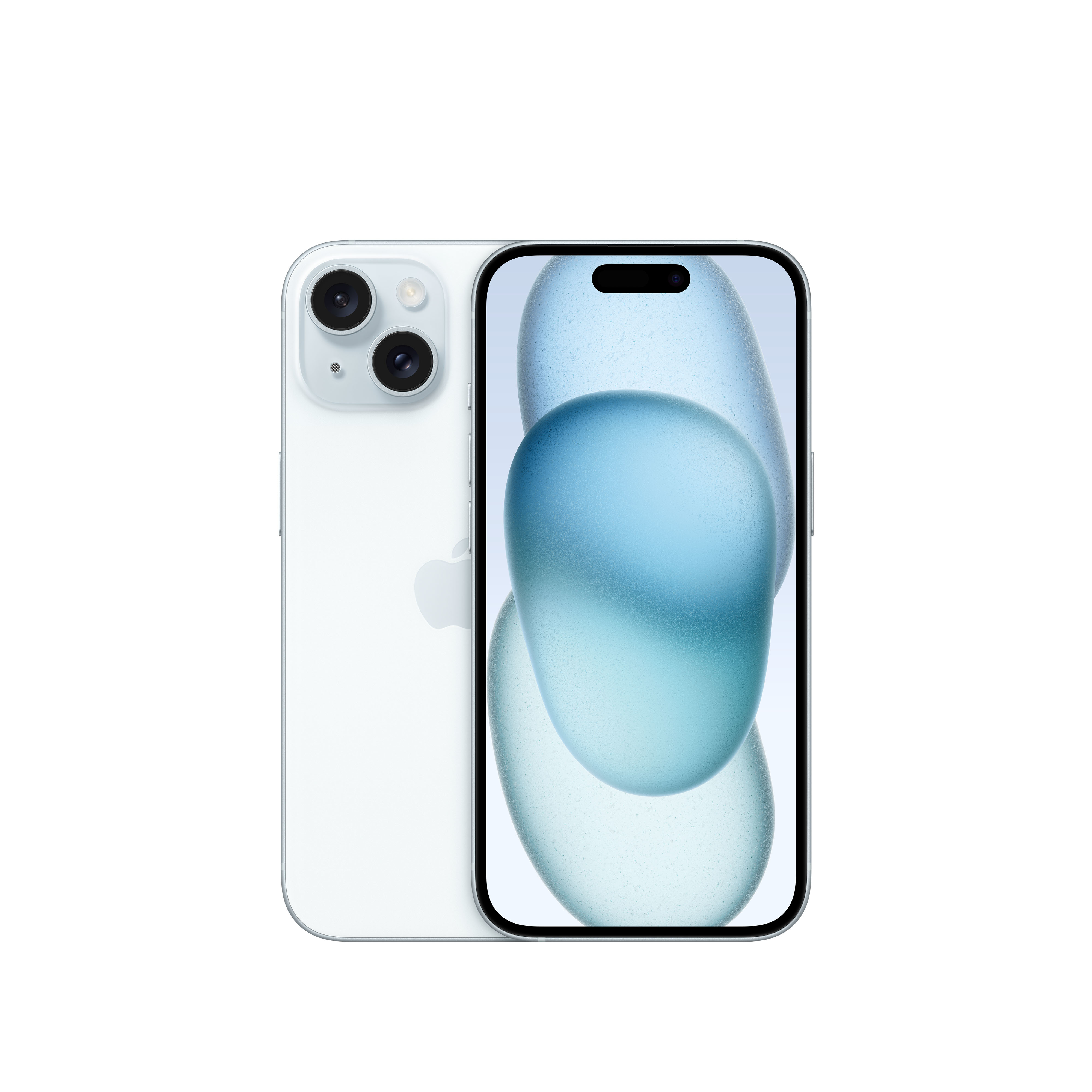 Beyaz iPhone 14 ön ve arka görünümü. Ekran, beyaz zemin üzerinde mavi şekiller gösteriyor. Siyah arka plan.