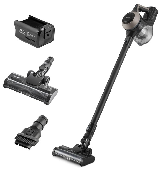 Odkurzacz bezprzewodowy z akcesoriami i baterią.