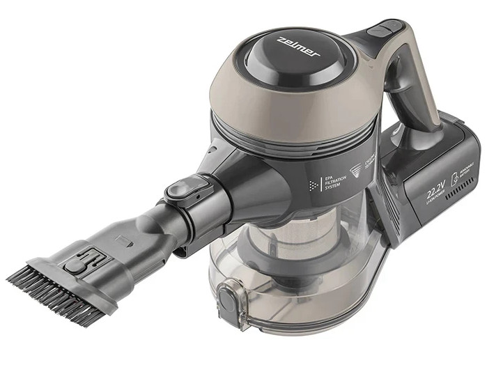 Zbliżenie odkurzacza bezprzewodowego z przystawką szczotkową.