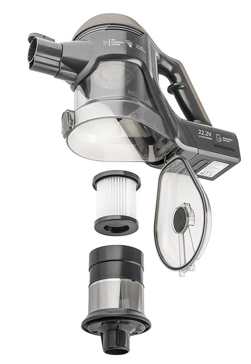 Widok rozłożony odkurzacza bezprzewodowego z filtrami i częściami.