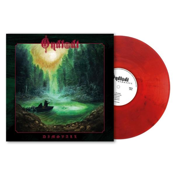 Albumcover mit Waldszene, Boot. Rote Vinylplatte. Text: Ondskapt, Dimsvall.
