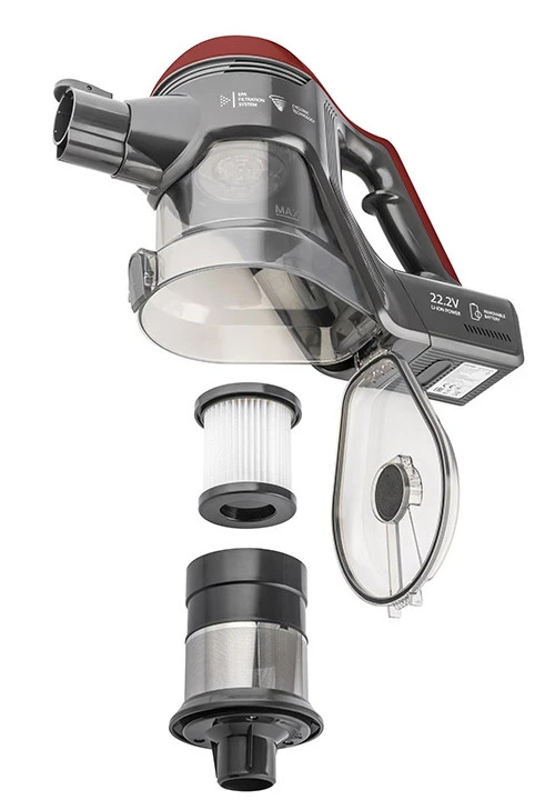 Zdemontowany odkurzacz: czerwono-szara obudowa, filtr i elementy wewnętrzne, na białym.