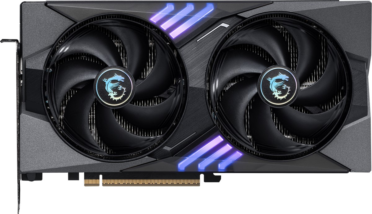 İki fan, MSI logosu ve renk vurguları içeren bir grafik kartı. Siyah tasarım.