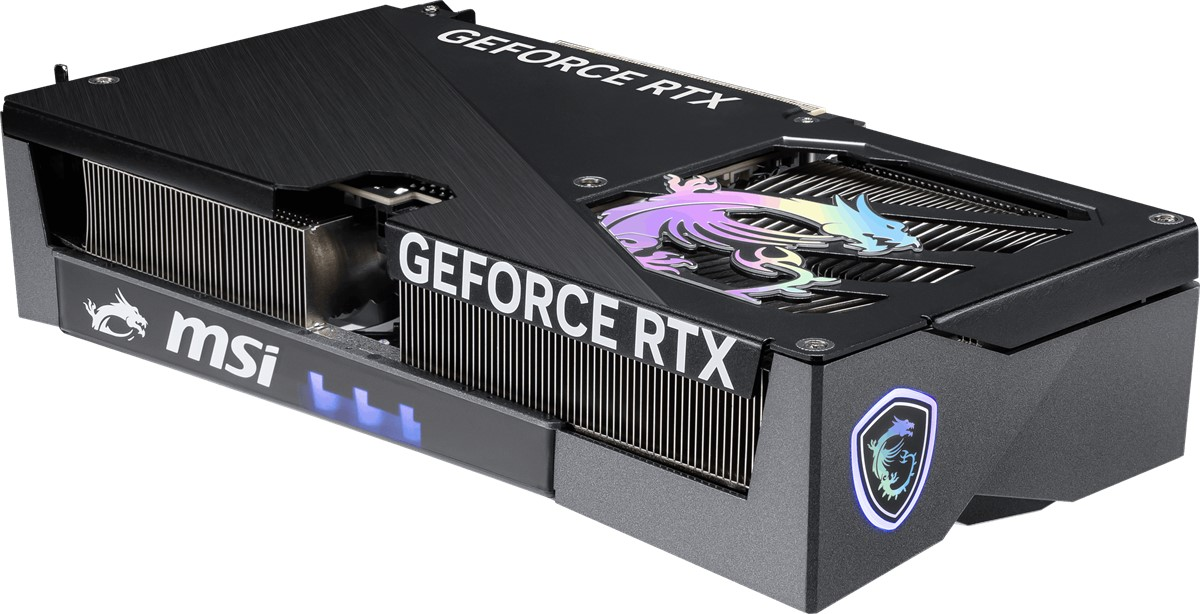 'GEFORCE RTX' ve MSI logosu içeren grafik kartı. Gümüş soğutma kanatçıkları görünür.