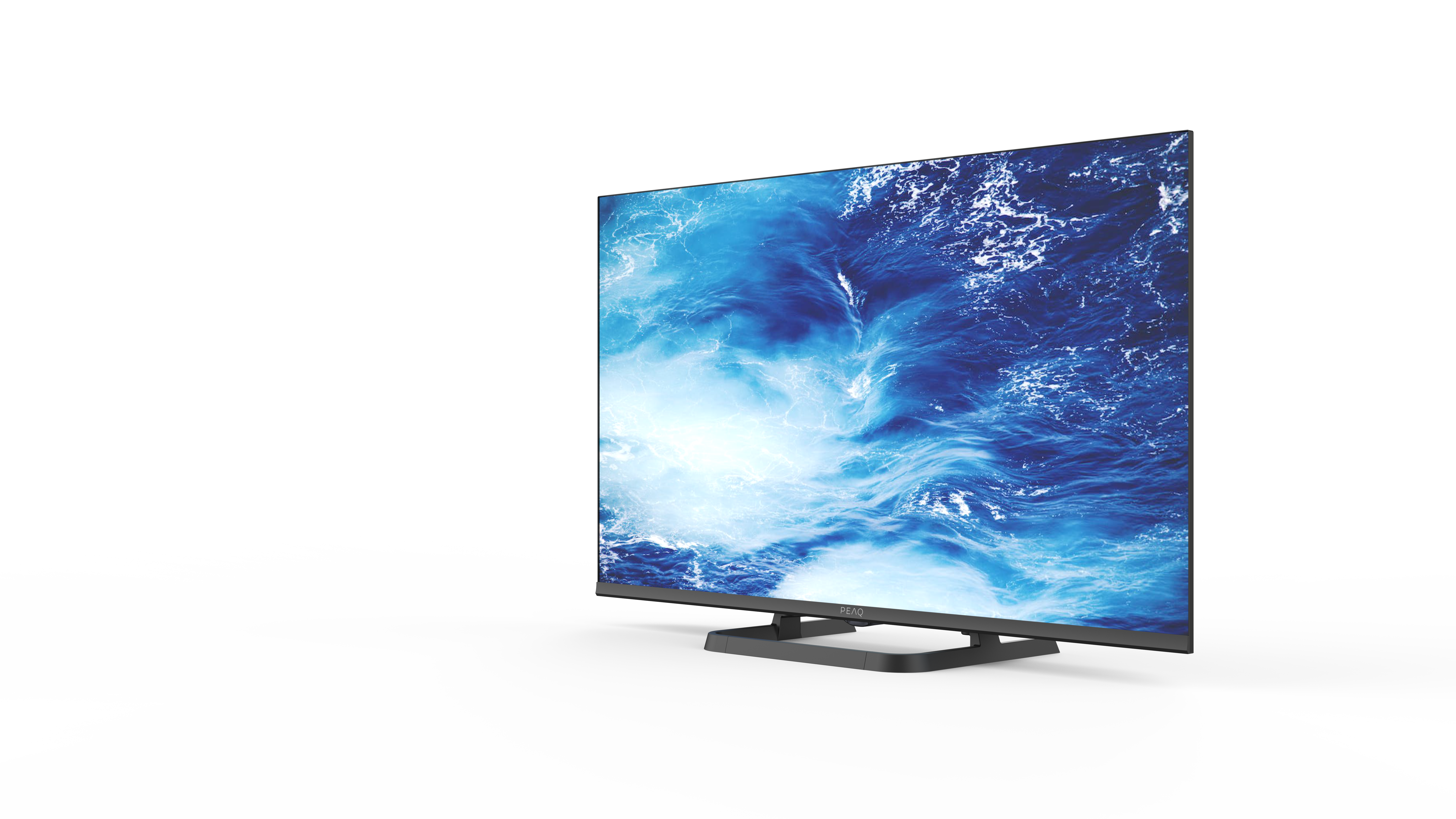 Telewizor z niebieskim krajobrazem wodnym, czarna ramka, czarny stojak.