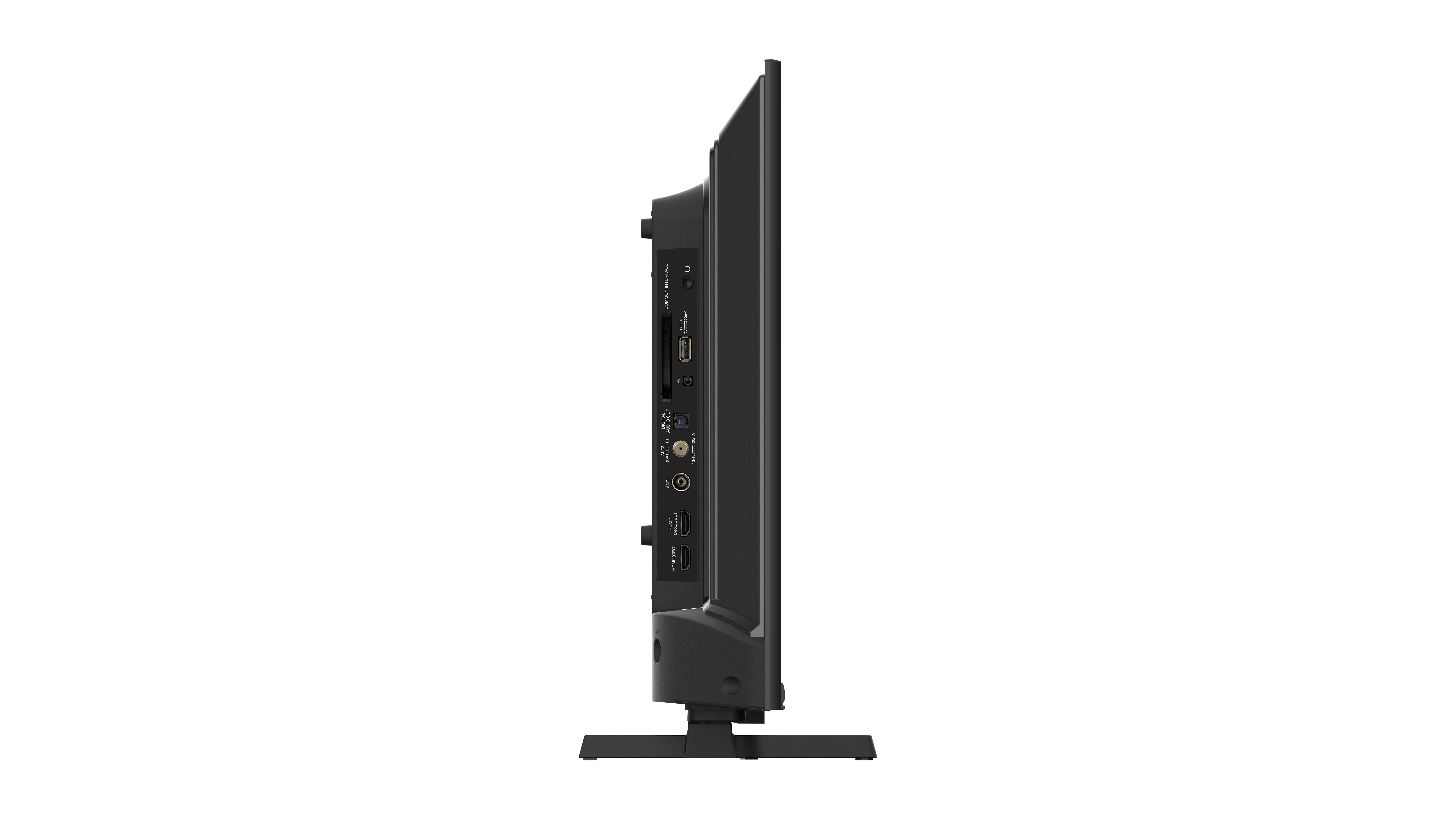 Eine Seitenansicht eines schwarzen Fernsehers mit Anschlüssen.