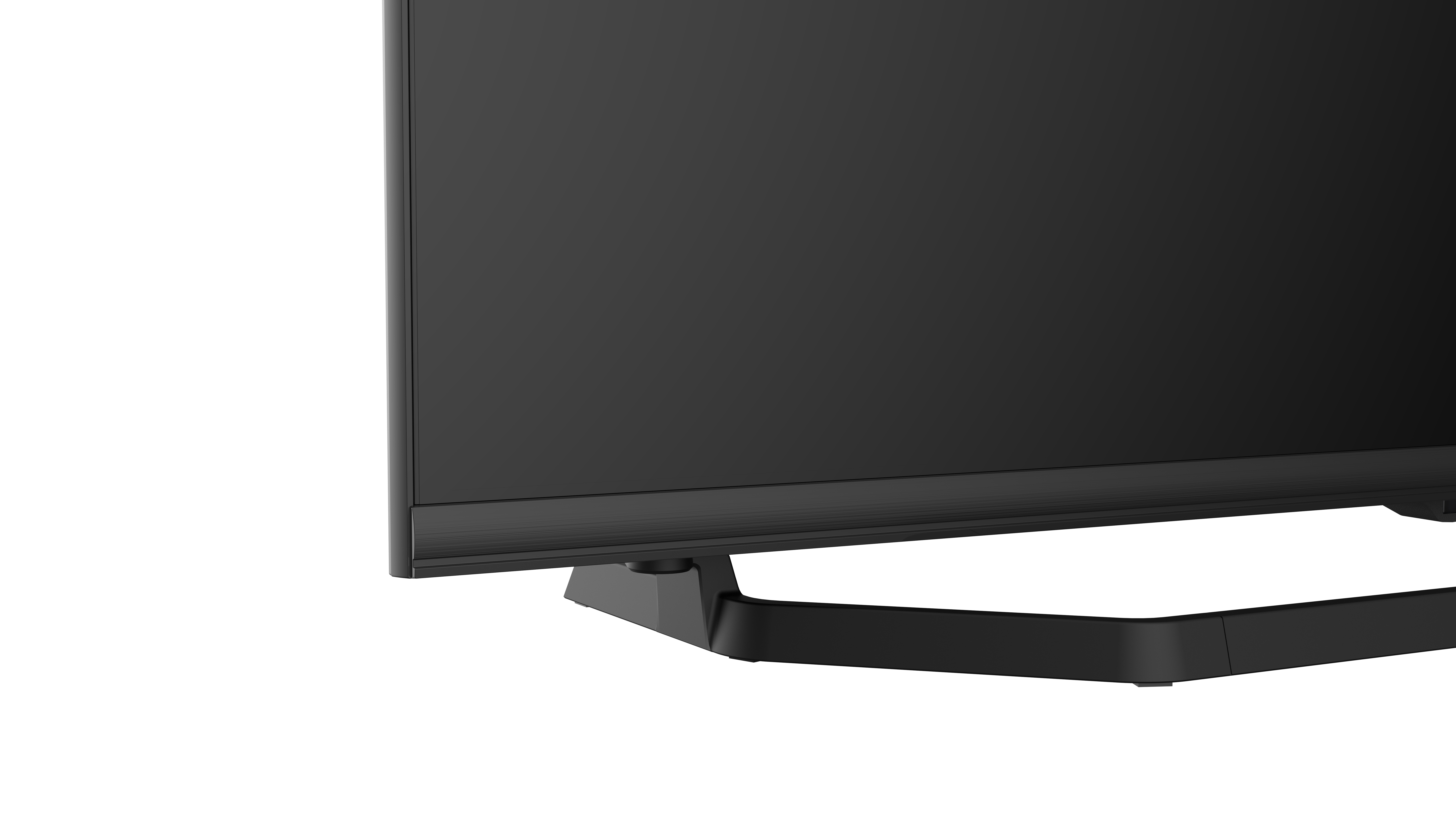 Nahaufnahme des schwarzen TV-Sockels und -Ständers.