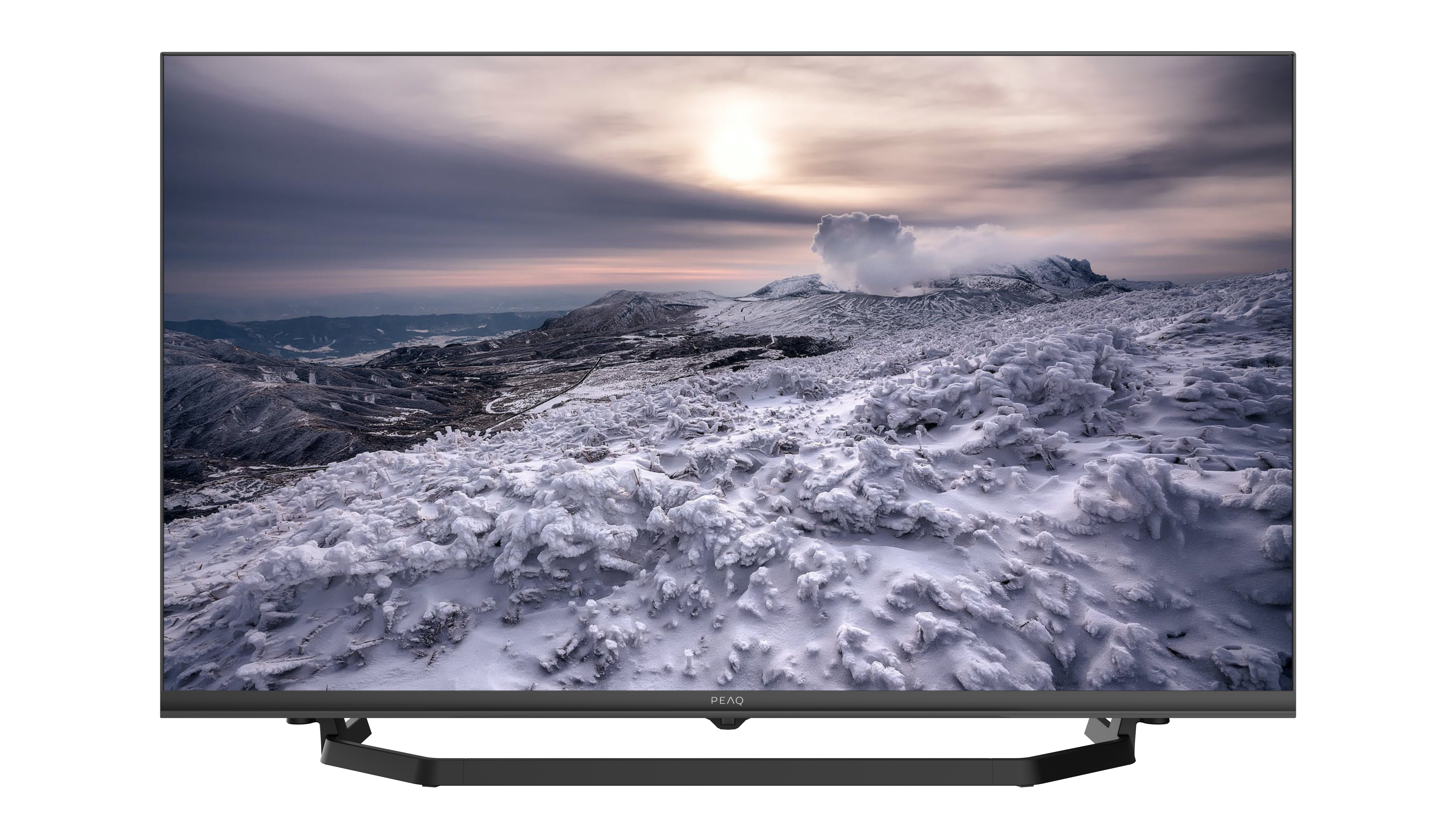TV zeigt schneebedeckte Berge, Sonne und Himmel.