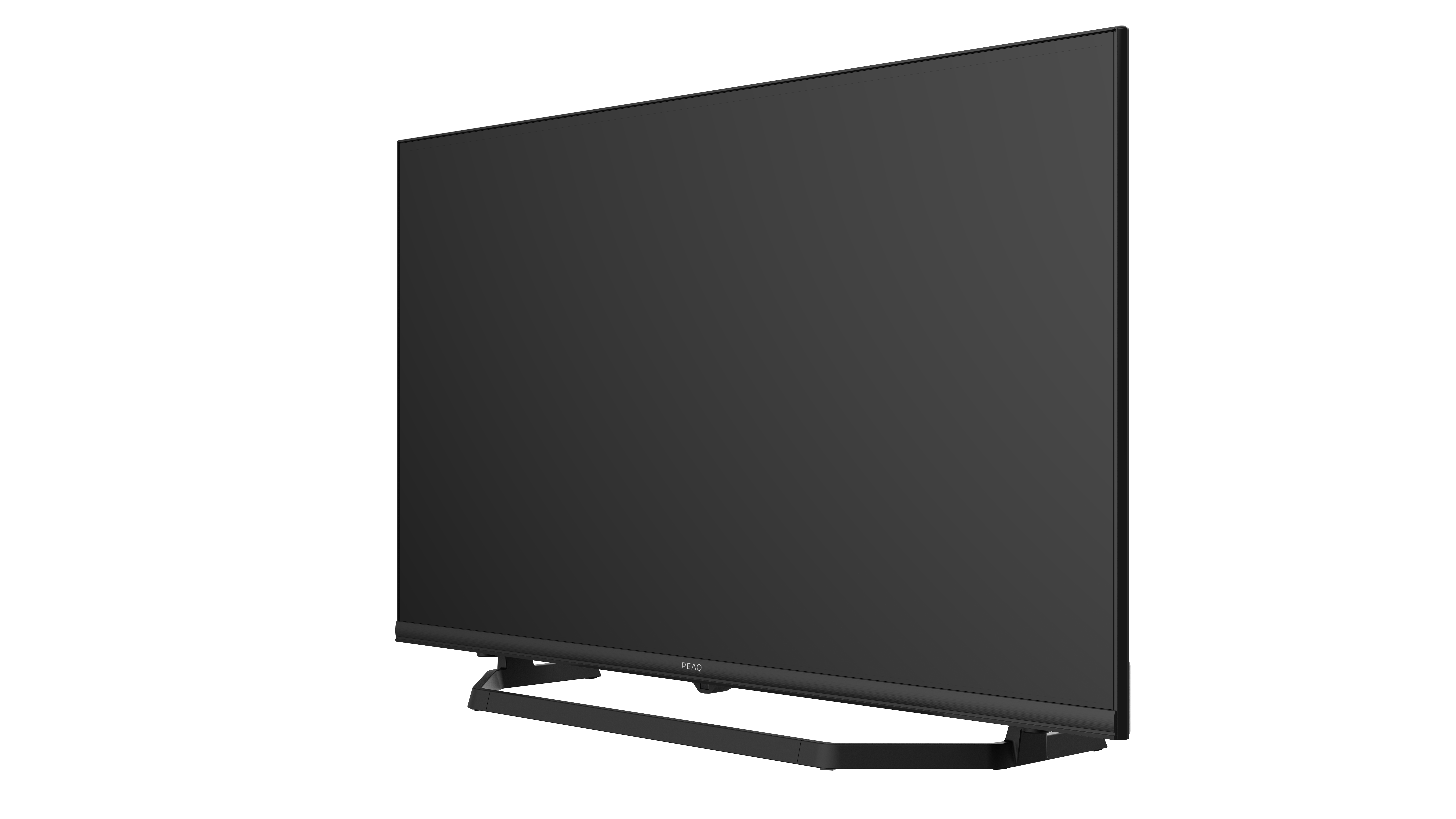 Schwarzer Fernseher auf Ständer, schwarzer Hintergrund.