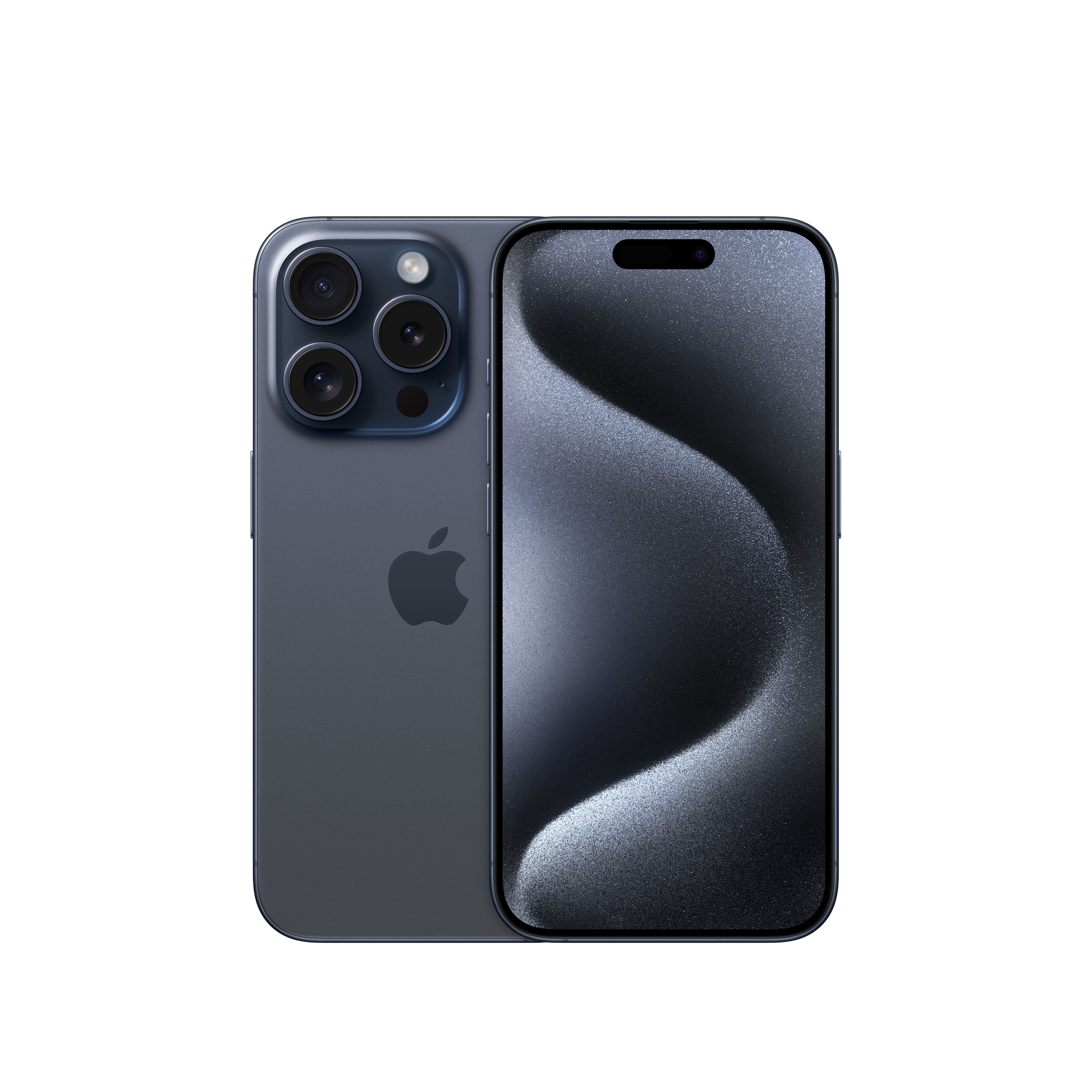 Siyah arka plan üzerinde, arkası ve önü görünen koyu mavi bir iPhone. Üçlü kamera ve Apple logosu içeriyor.