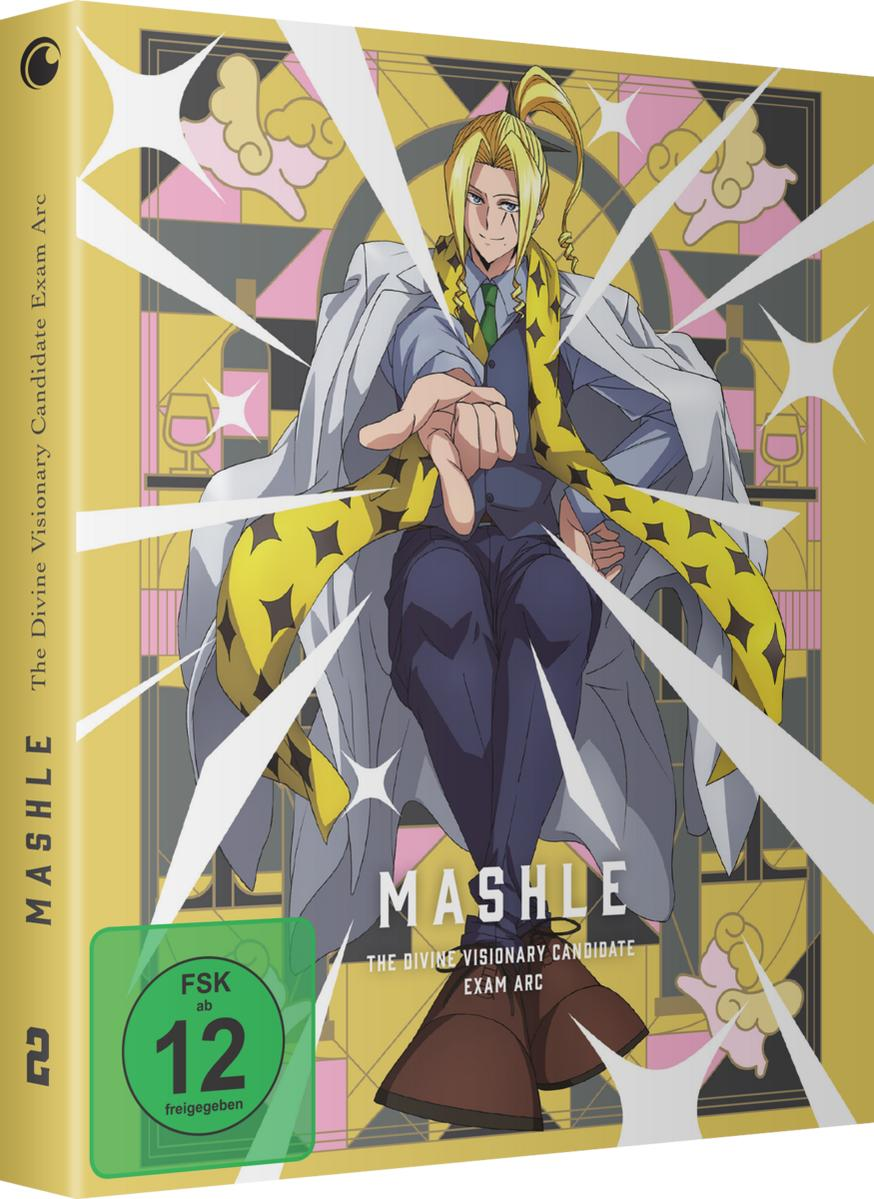Anime-Cover: Mann zeigt, Titel 'MASHLE: THE DIVINE VISIONARY CANDIDATE'.