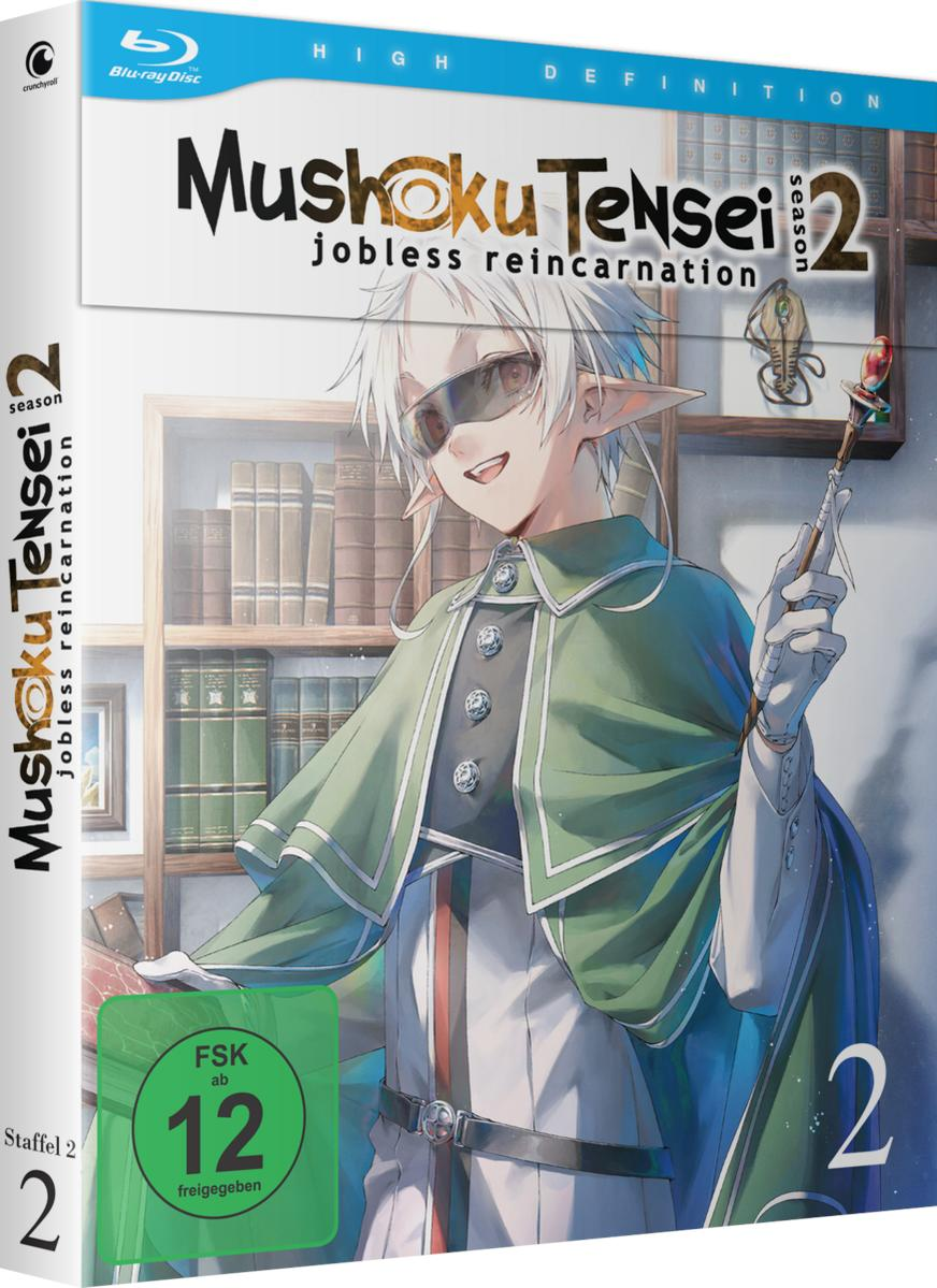 Anime-DVD-Cover. Ein weißhaariger Elf mit Brille und grünem Umhang. Der Titel lautet 'Mushoku Tensei'.