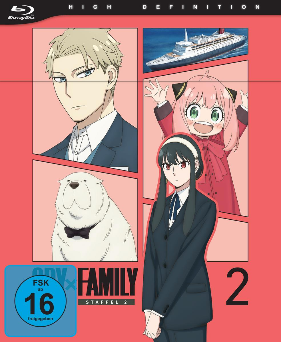 Spy x Family DVD-Cover. Charaktere werden auf rosa Hintergrund gezeigt. Der Titel ist 'Spy x Family Staffel 2'.