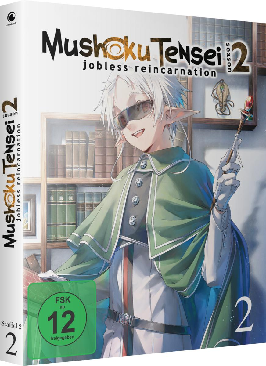 Anime-DVD-Cover. Ein weißhaariger Elf mit Brille und grünem Umhang. Der Titel lautet 'Mushoku Tensei'.