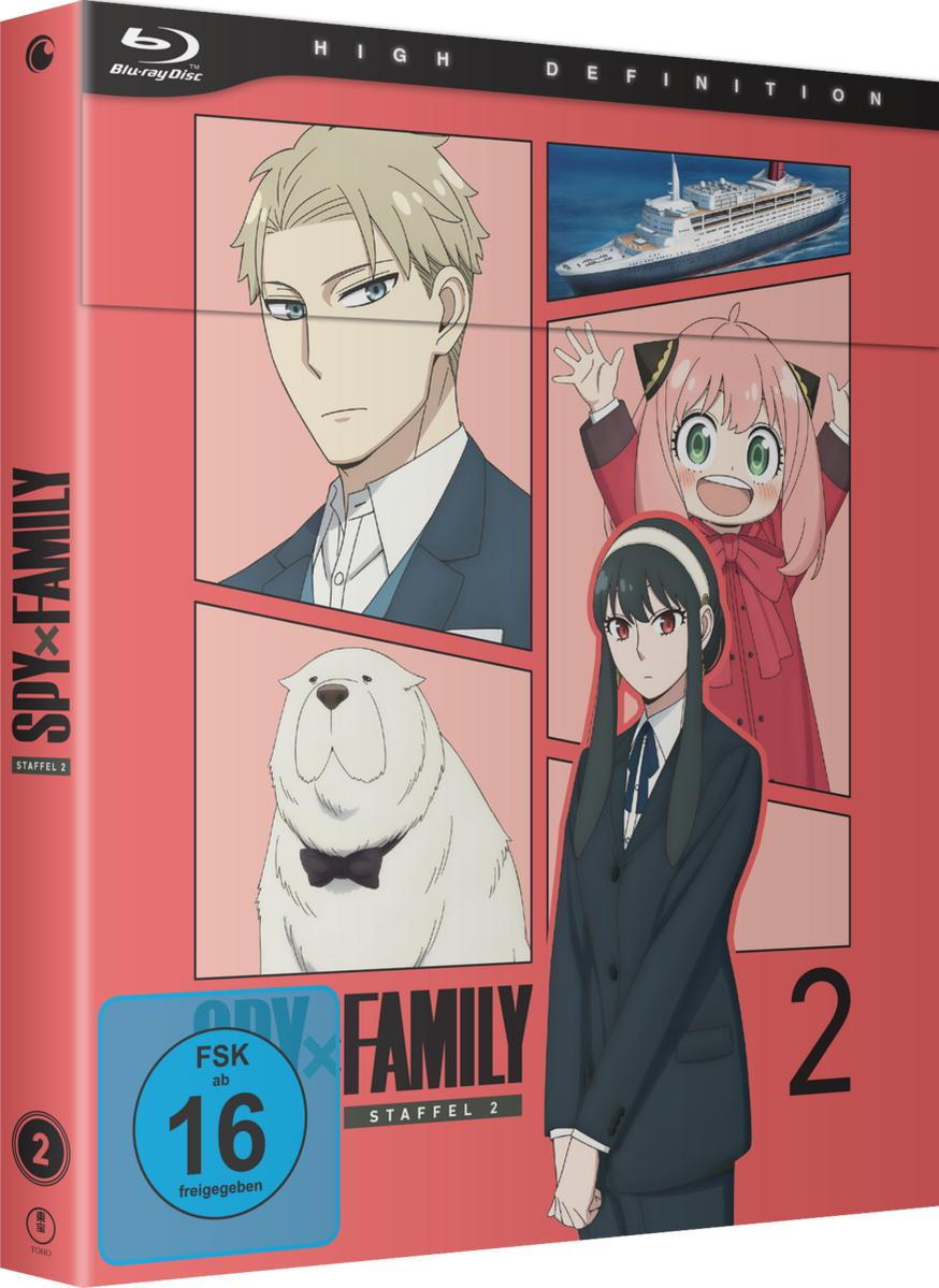 Spy x Family DVD-Cover. Charaktere werden auf rosa Hintergrund gezeigt. Der Titel ist 'Spy x Family Staffel 2'.