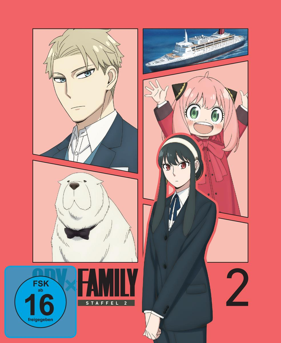 Spy x Family DVD-Cover. Charaktere werden auf rosa Hintergrund gezeigt. Der Titel ist 'Spy x Family Staffel 2'.