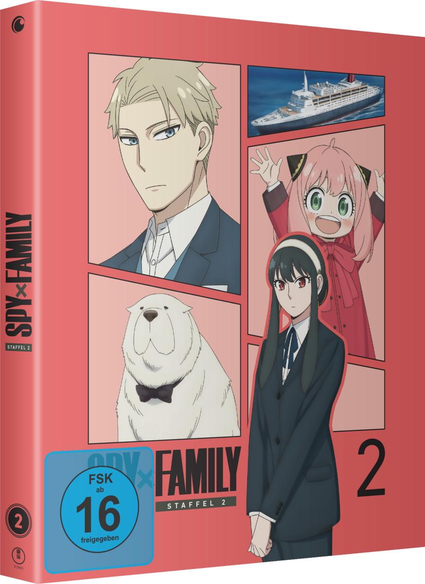 Anime-DVD-Cover: Spy x Family, Charaktere, weißer Hund, Kreuzfahrtschiff, roter Hintergrund.