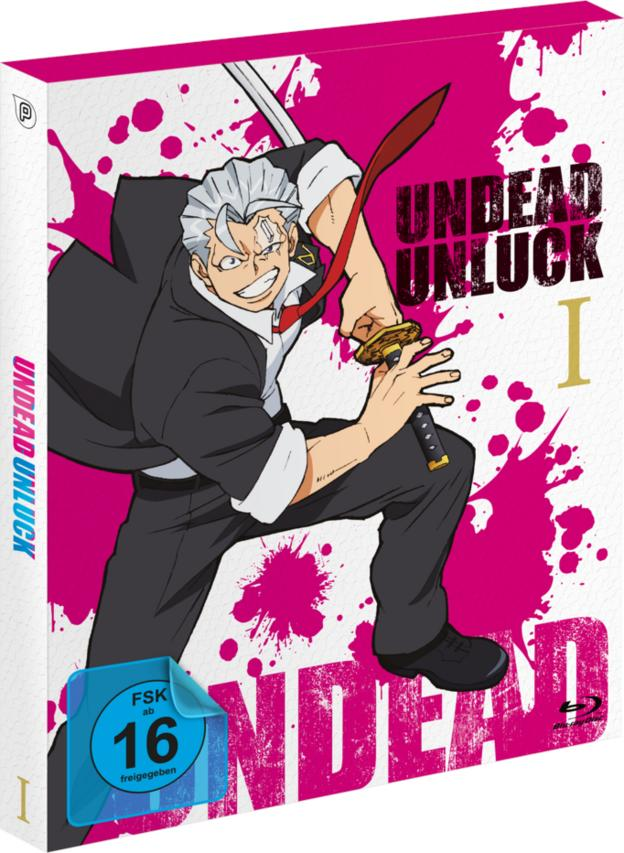 Anime-DVD-Cover: Undead Unluck, Charakter mit Schwert, Action-Pose, rosa Hintergrund.