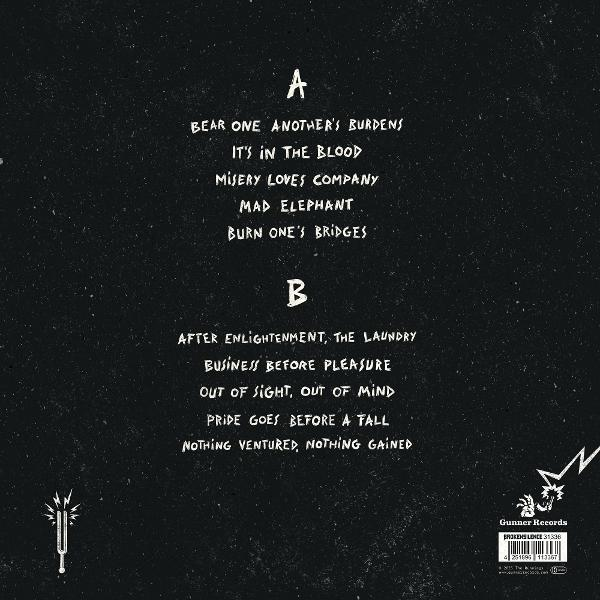 Rückseite des Albums mit Titelliste. Der Text ist weiß auf schwarzem Hintergrund. Enthält eine Blitzgrafik und ein Logo.