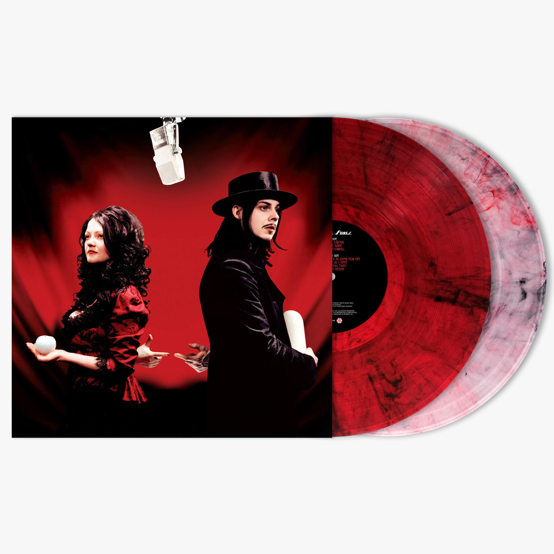 Deux personnes, fond rouge, l'un tient une balle blanche, l'autre un bâton blanc, vinyle.