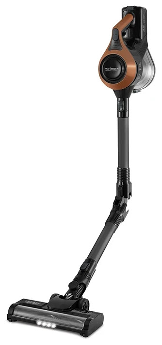 Odkurzacz bezprzewodowy, w czarno-miedzianej kolorystyce, na białym tle.