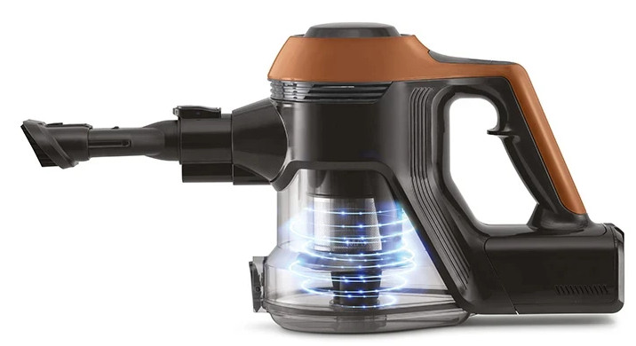 Zbliżenie czarnego i miedzianego korpusu odkurzacza z przezroczystym pojemnikiem na kurz.