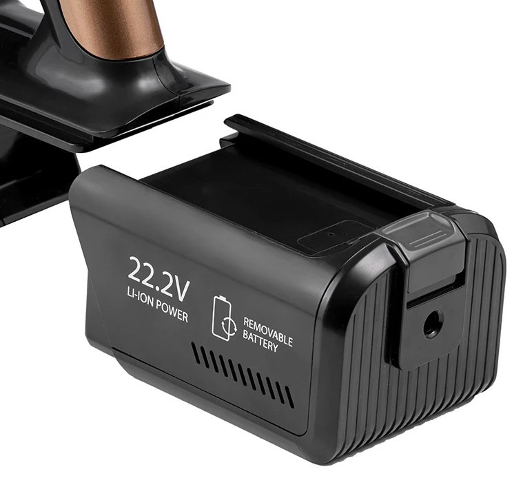 Czarna bateria z napisem 22.2V, Li-Ion Power i ikoną wyjmowanej baterii.