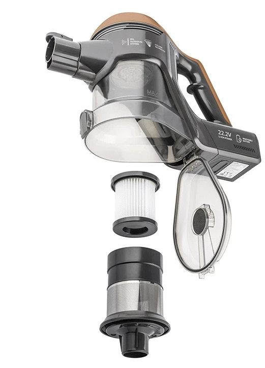 Widok rozstrzelony odkurzacza pokazujący filtry i komponenty na białym tle.