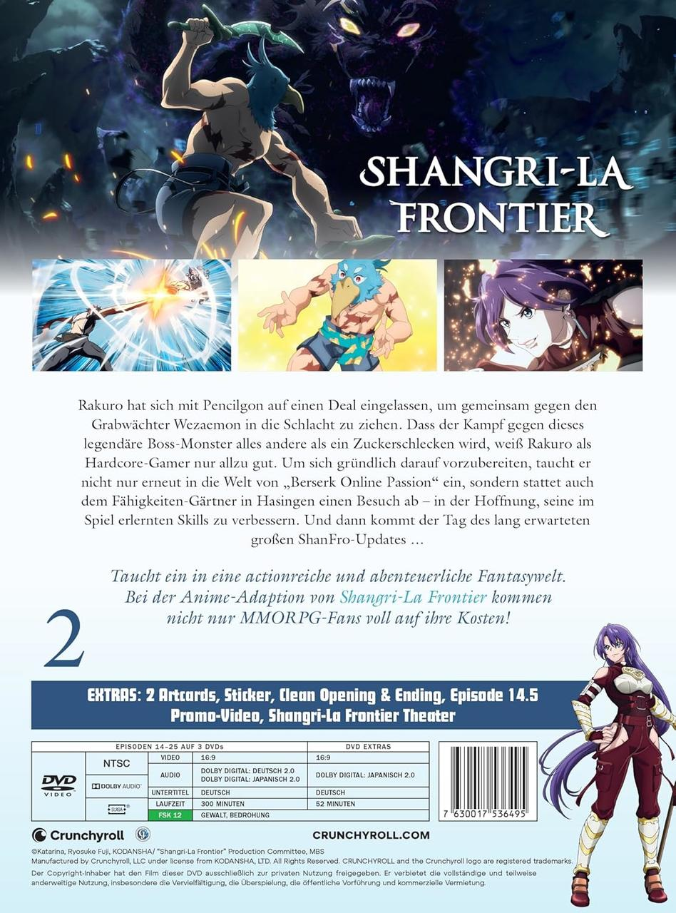 DVD-Cover eines Cartoons. Ein Krieger kämpft gegen ein Monster. Der Text lautet 'Shangri-La Frontier'. Es gibt andere Charaktere.