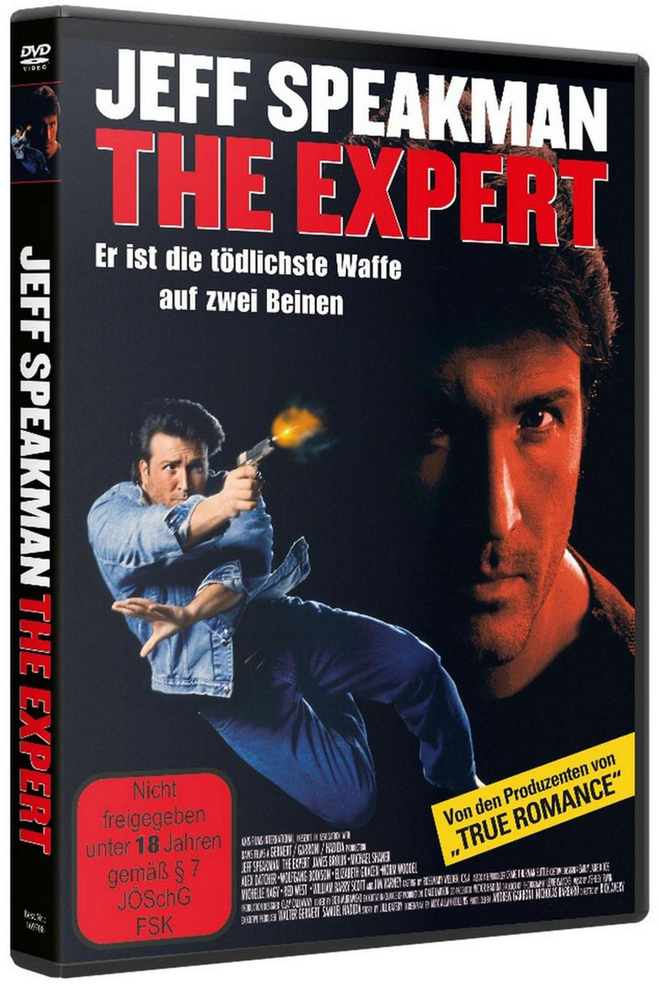 DVD-Cover mit einem Mann, der tritt, während er eine Waffe hält, und dem Gesicht eines anderen Mannes.