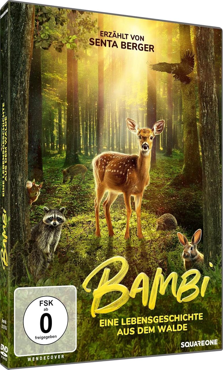 DVD-Cover. Ein Reh in einem Wald mit anderen Tieren. Titel: Bambi.
