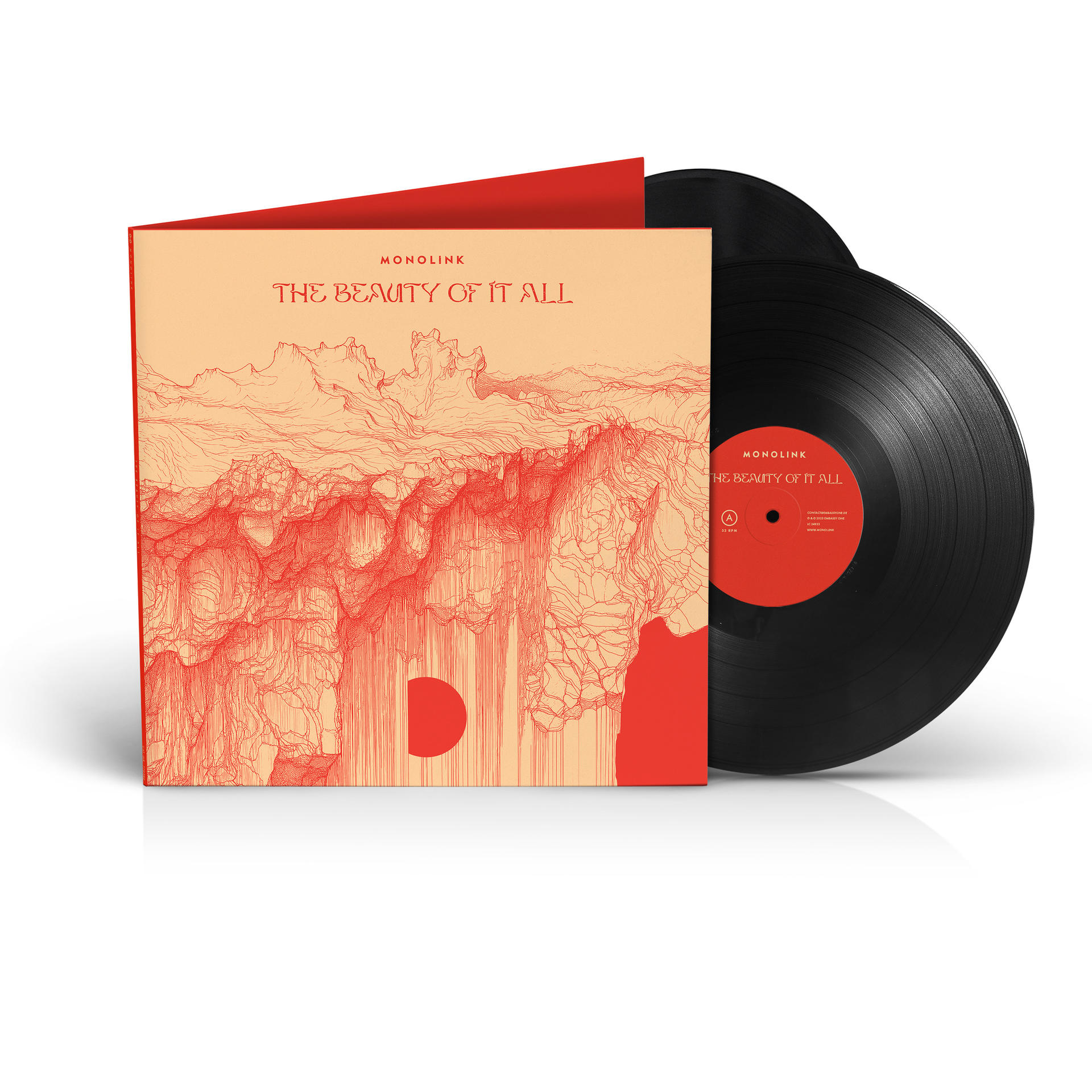 Albumcover und zwei Schallplatten. Cover hat ein oranges Design, Titel ist 'The Beauty of It All'. Schallplatten sind schwarz.