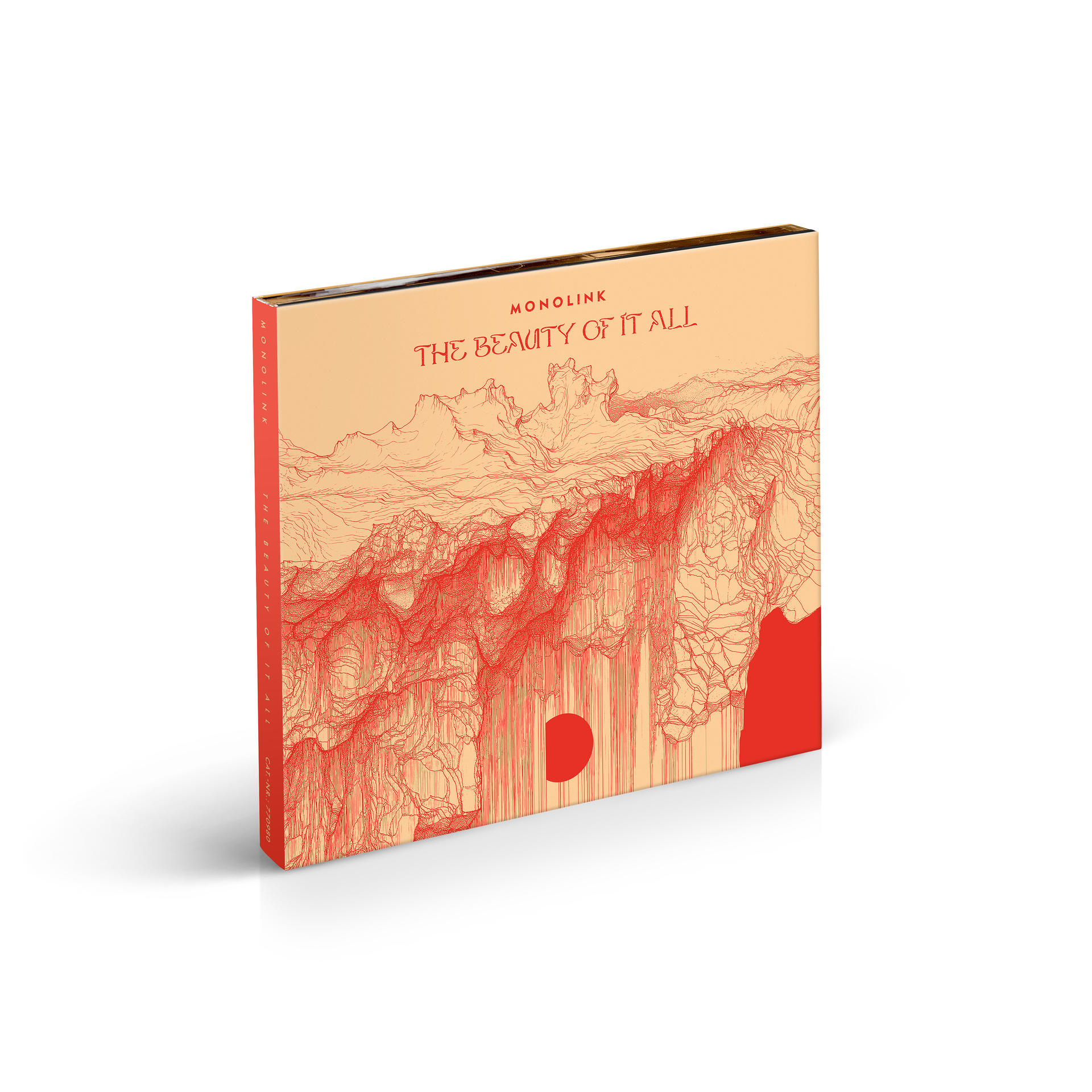 CD-Cover mit rotem Bergmotiv und Titel 'The Beauty of It All' von Monolink.