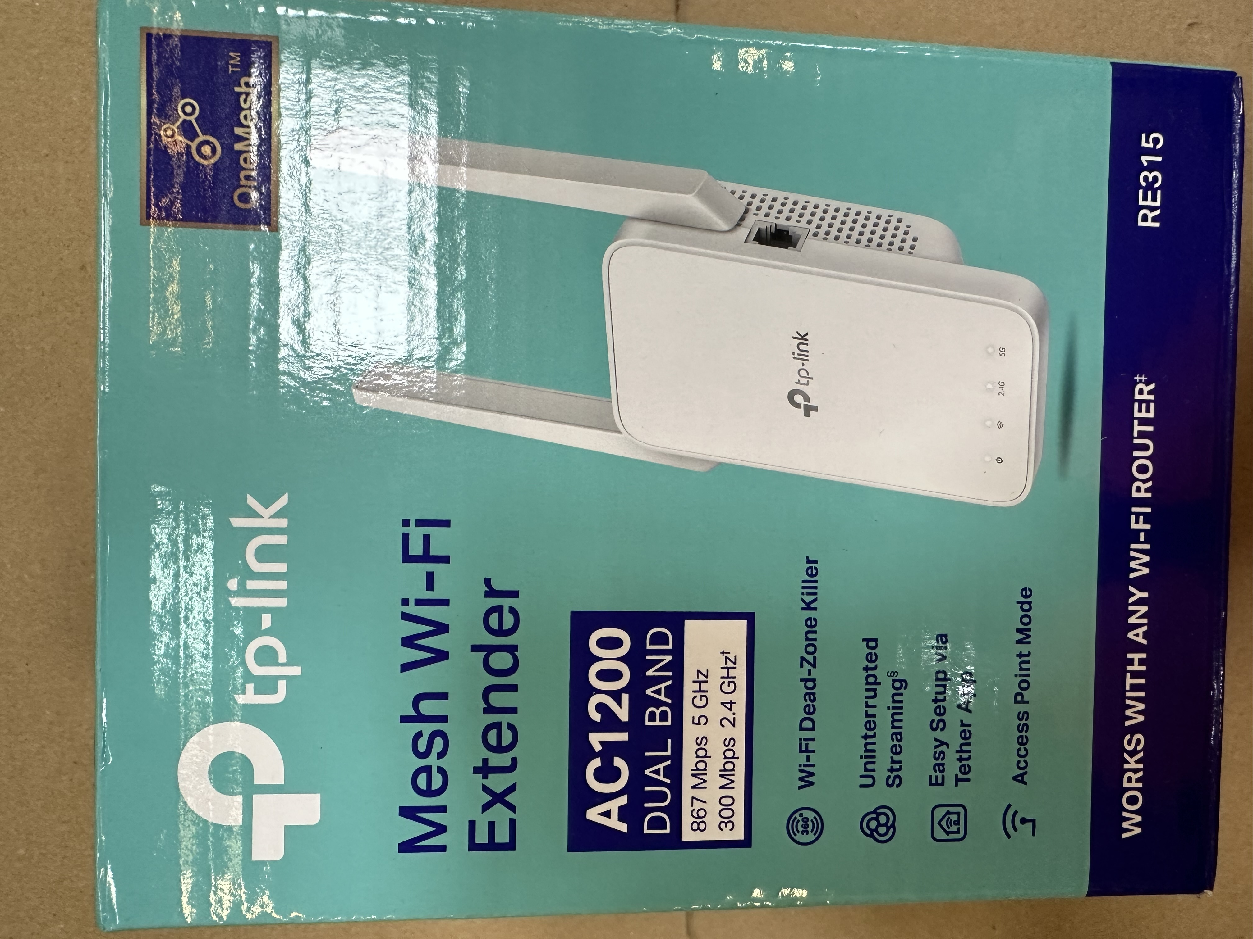 Biało-niebieskie pudełko TP-Link Mesh Wi-Fi Extender. Tekst: 'AC1200 Dual Band'.
