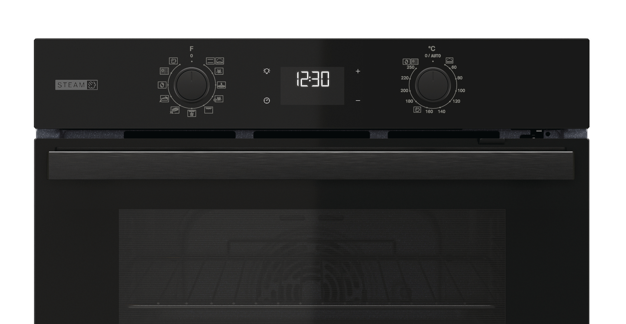 Nahaufnahme des Bedienfelds des Ofens. Knöpfe, Digitaluhr und Temperatureinstellungen sichtbar.