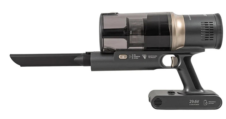 Bezprzewodowy odkurzacz, czarny i szary, z podstawą do ładowania i akcesoriami.