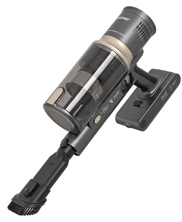 Bezprzewodowy odkurzacz, szary i czarny, z przezroczystym pojemnikiem na kurz i akcesoriami.