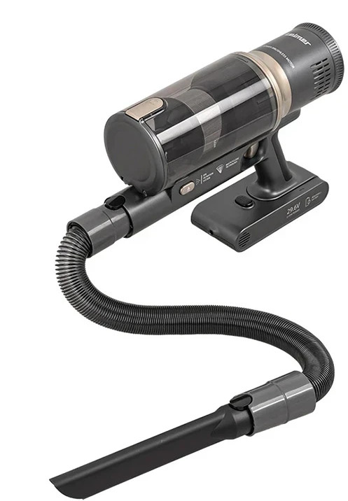 Bezprzewodowy odkurzacz, szary i czarny, z elastycznym wężem i akcesoriami.