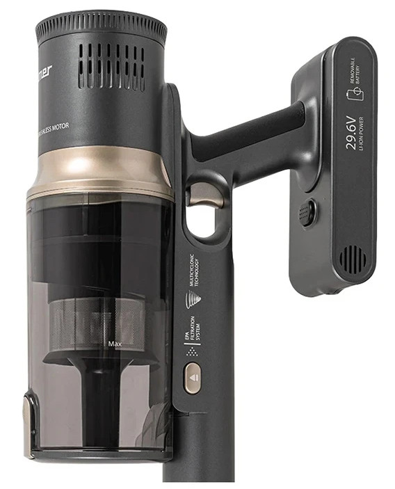 Czarny i szary odkurzacz bezprzewodowy. Pokazuje silnik, pojemnik na kurz i akumulator.