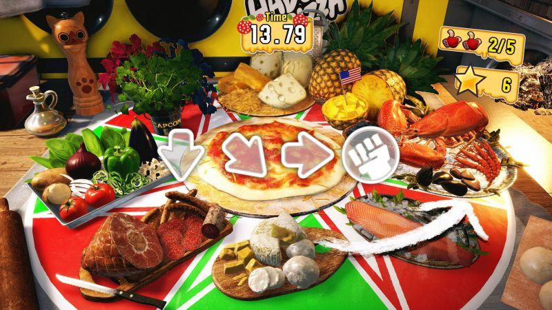 Eine Pizza mit Pfeilen, verschiedene Lebensmittel und Kochutensilien auf einem Tisch. Der Hintergrund ist unscharf.