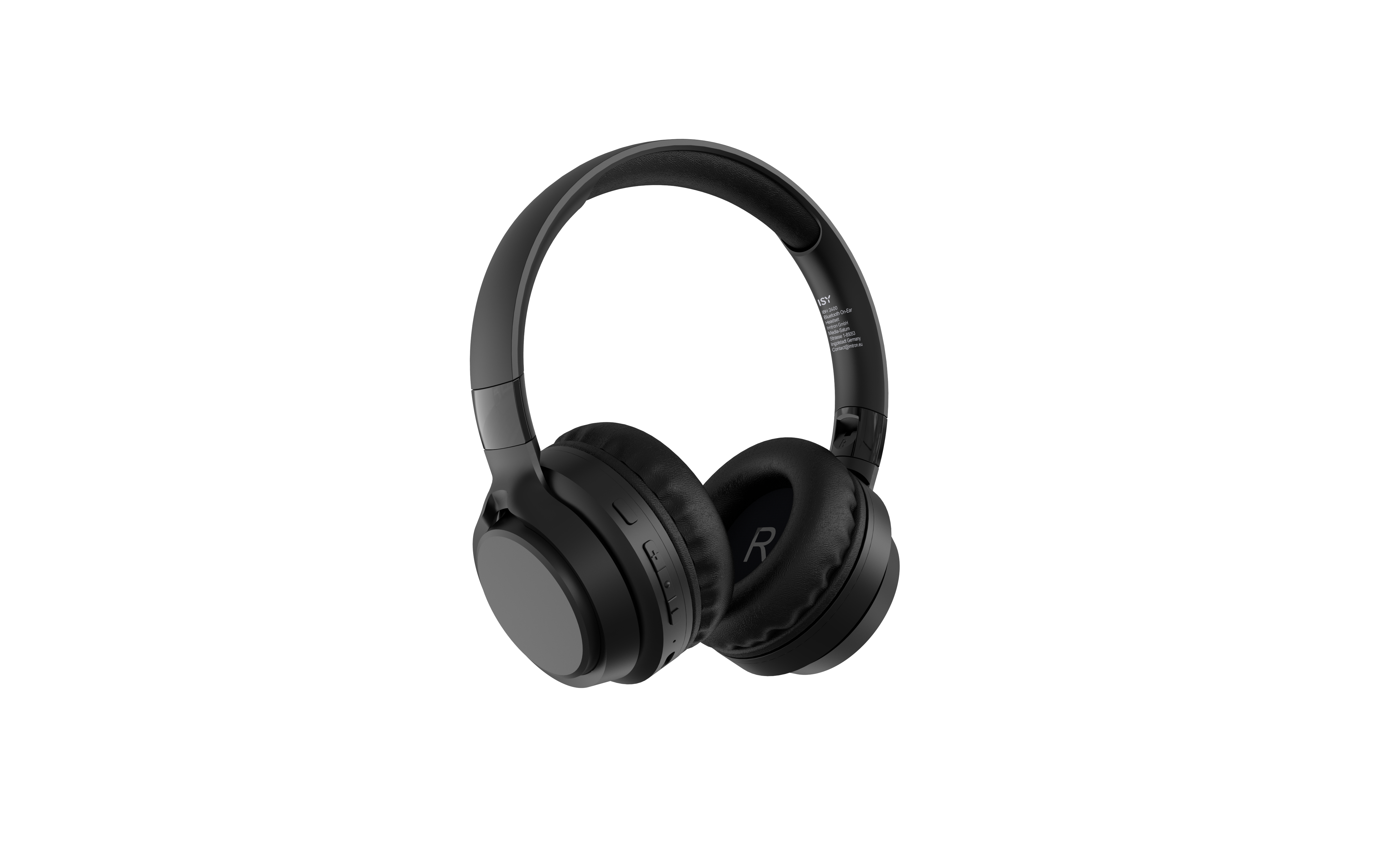 Schwarze On-Ear-Kopfhörer, Bedienelemente am linken Ohrhörer, Buchstabe R rechts.