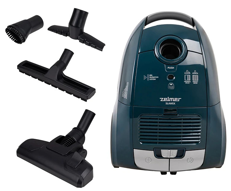 Odkurzacz z akcesoriami, z różnymi głowicami szczotek i nasadkami.