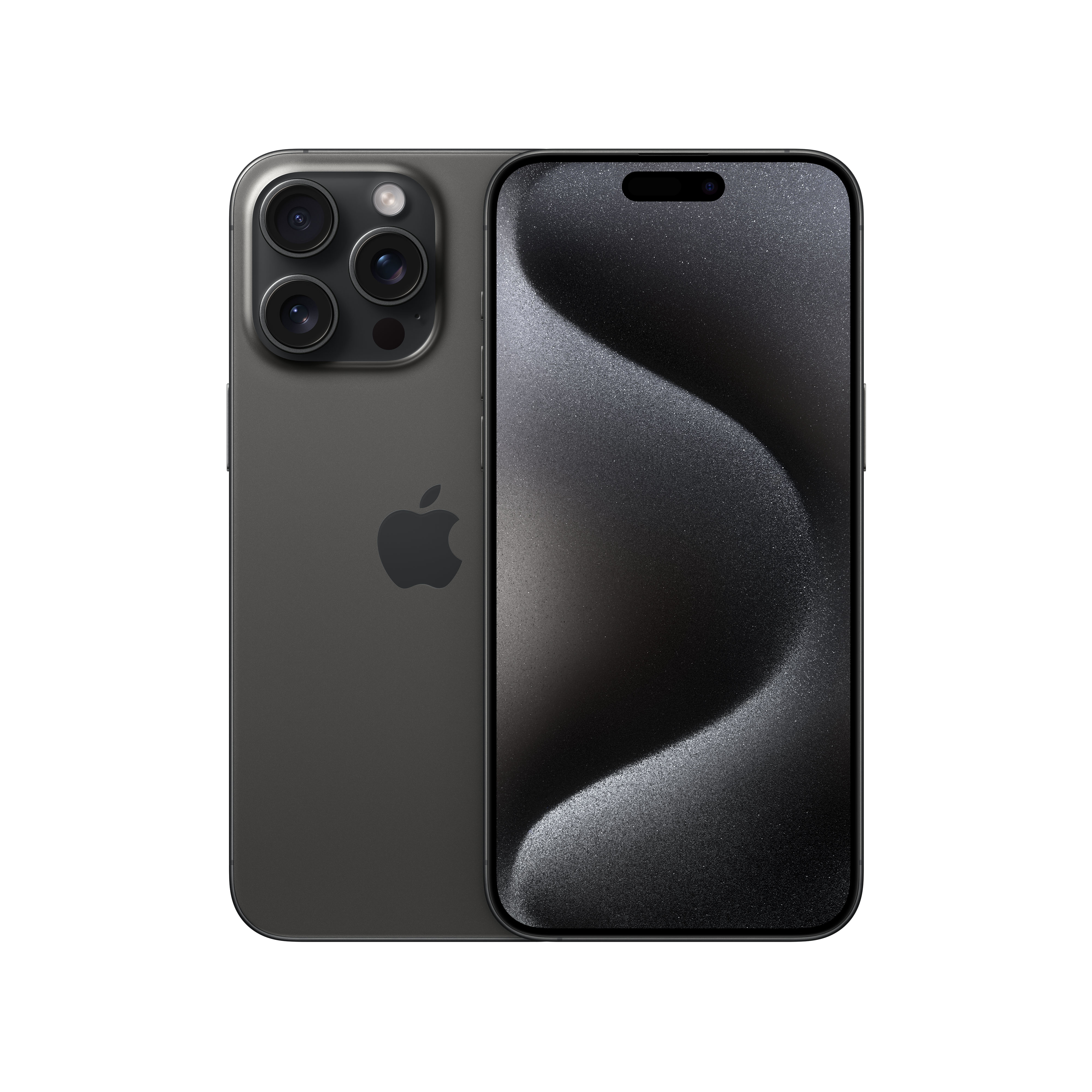 Üç arka kamerası, Apple logosu ve koyu dalgalı arka planlı ekranı olan grafit bir iPhone, siyah yüzeyde.