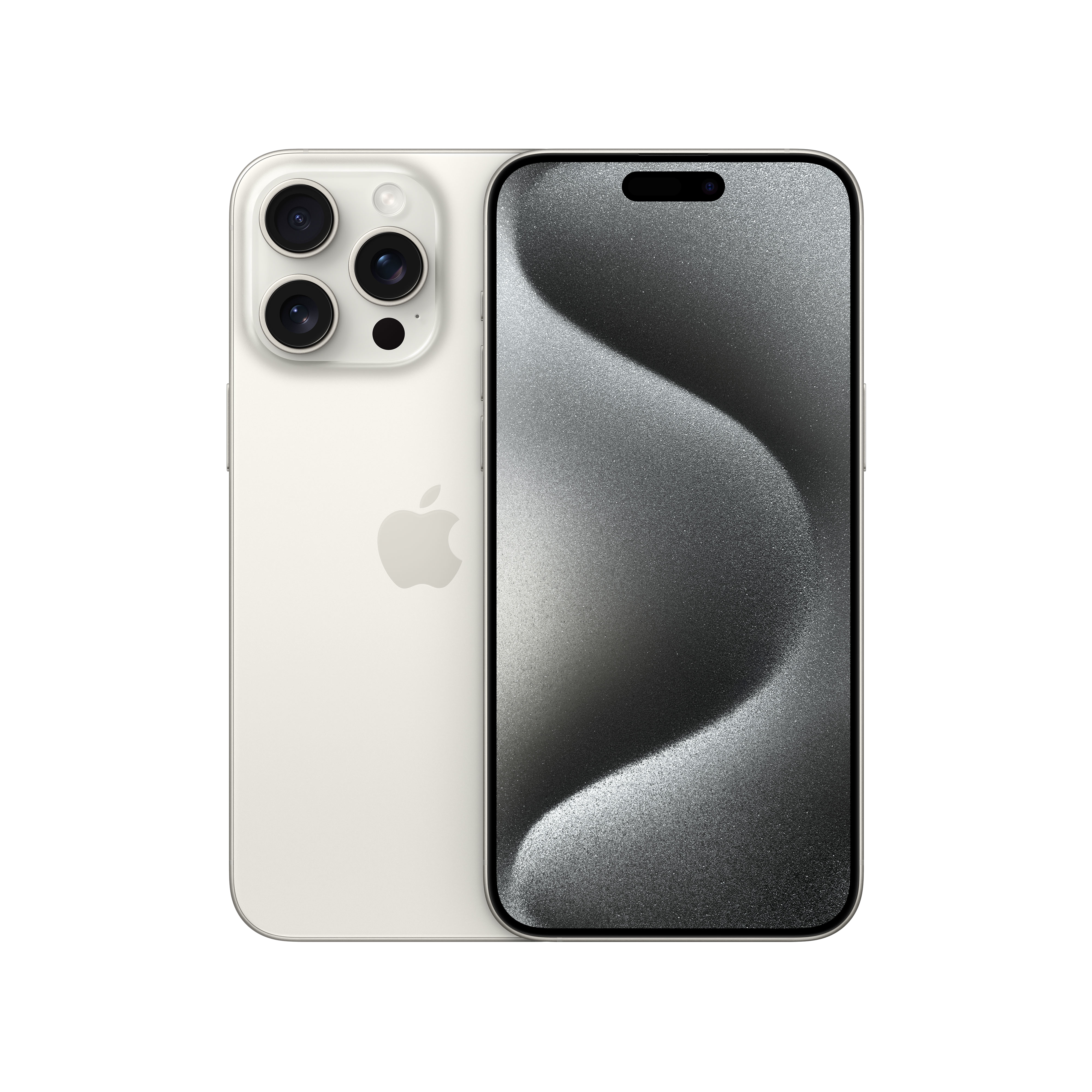 Üç arka kamerası, Apple logosu ve koyu dalgalı arka planlı ekranı olan beyaz bir iPhone, siyah yüzeyde.
